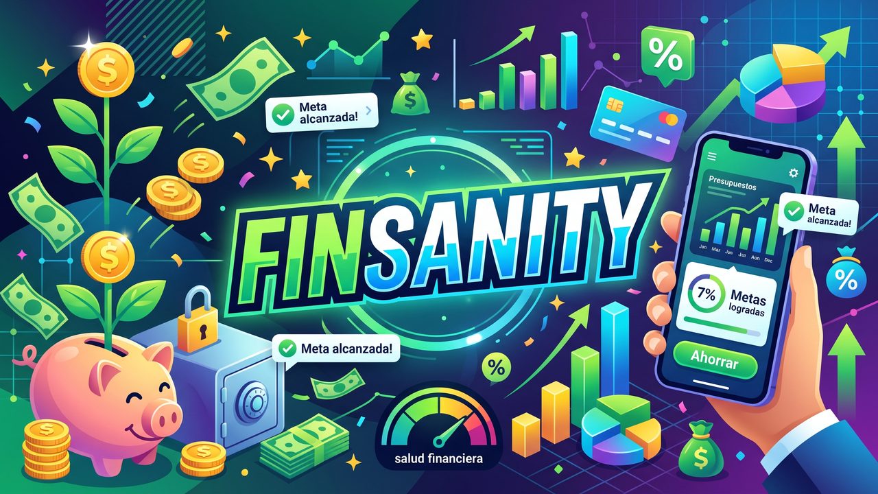 Banner de Finsanity: una alcancía, monedas y un teléfono con presupuestos y metas de ahorro.