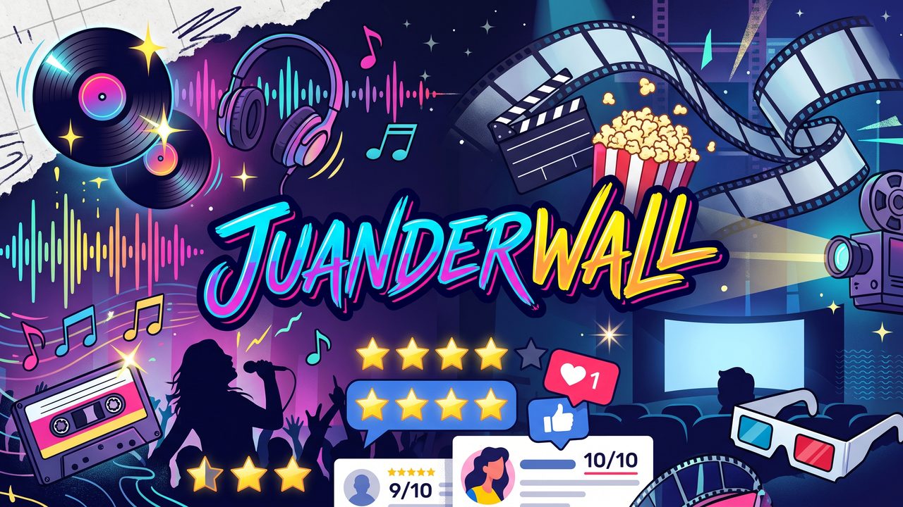 Banner de Juanderwall: discos de vinil, audífonos, rollos de película y calificaciones con estrellas.